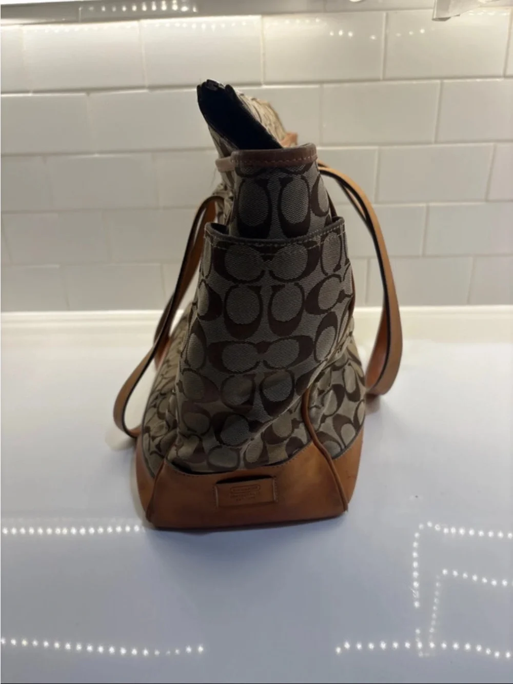 Coach Beige Signature Canvas Tote with Brown Leather Trim